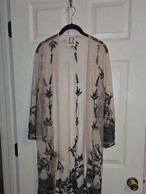 PPLA Sheer Embroidered Duster in Nude and Black Floral